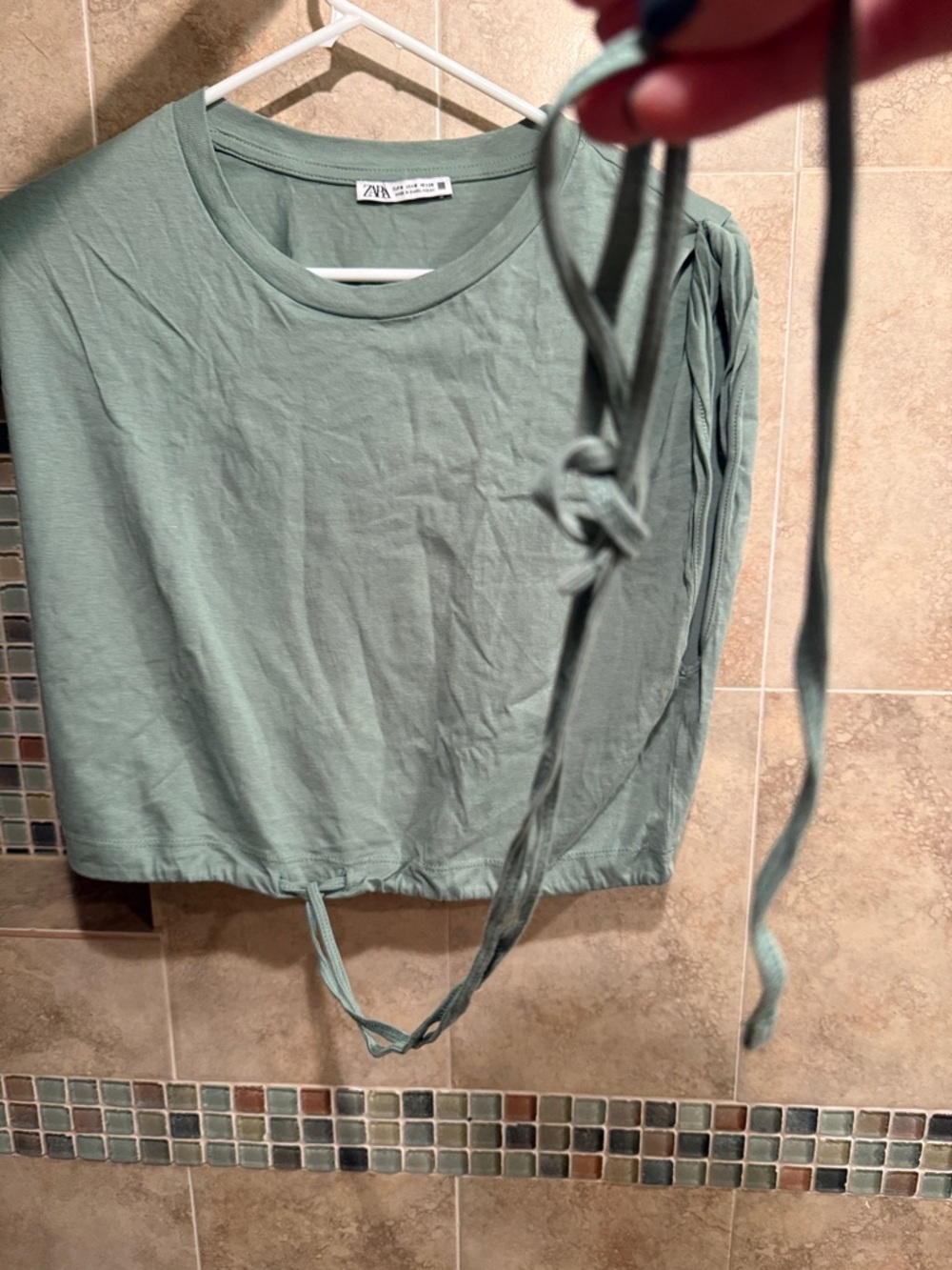 ZARA Sage Green Tie-Waist Short Sleeve Tee